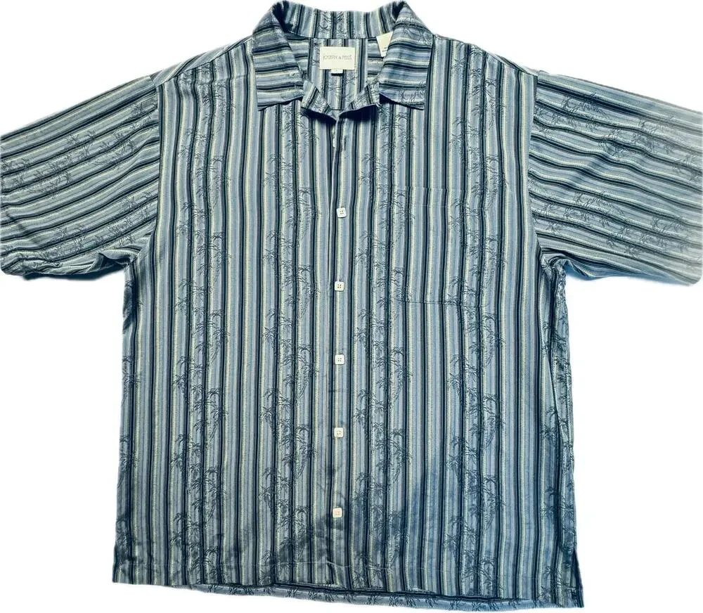 Joseph & Feiss Palm Tree Silk Button-Up Short Sleeve Men L Blue Black Striped